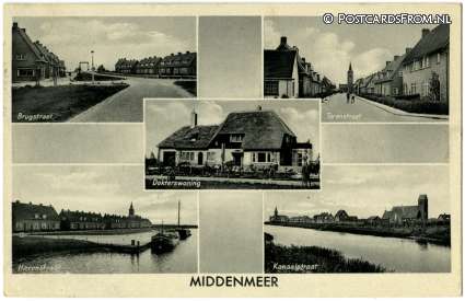 ansichtkaart: Middenmeer, Brug-, Toren-, Haven- Kanaal-straat en Dokterswoning