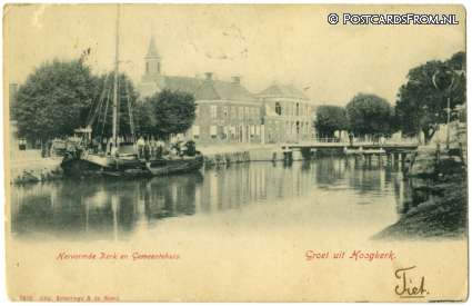 ansichtkaart: Groningen Hoogkerk, Hervormde Kerk en Gemeentehuis
