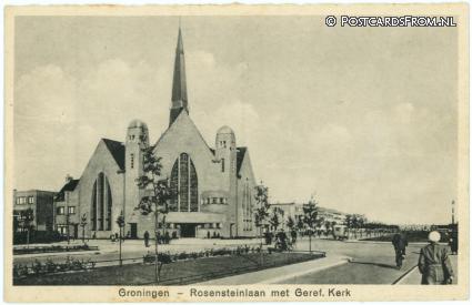 ansichtkaart: Groningen, Rosensteinlaan met Geref. Kerk