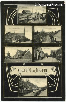 ansichtkaart: Yerseke, Oestercultuur - R.K. Kerk - Schutterhofstr. - Vredelust - Damstr