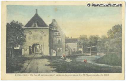 ansichtkaart: Schoonhoven, De Kat of Vrouwenpoort verbouwd en vernieuwd in 1573, afgebroken