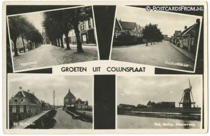 ansichtkaart: Colijnsplaat, Groeten uit. Voorstraat - Oostkerkstraat - Haven - Molen