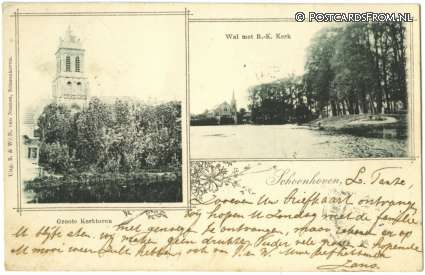 ansichtkaart: Schoonhoven, Wal met R.K. Kerk - Groote Kerktoren