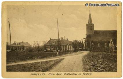 ansichtkaart: Oudega W., Herv. Kerk, Postkantoor en Pastorie