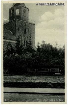ansichtkaart: Emmen DR, Haddersbank met N.H. Kerk