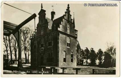 ansichtkaart: Jisp, Raadhuis Ao. 1650 en Kerk