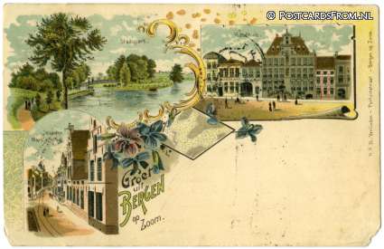 ansichtkaart: Bergen op Zoom, Stadpark - Raadhuis - Kazerne. Groet uit