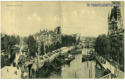 ansichtkaart: Rotterdam, Leuvehaven. Panorama op 2 kaarten