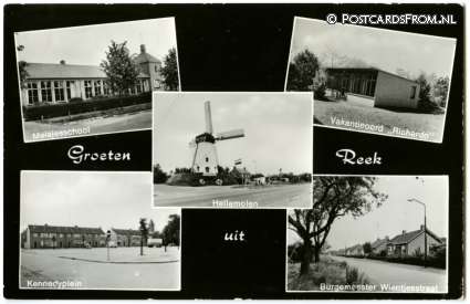 ansichtkaart: Reek, School - Vak. oord Richardo - Molen - Kennedyplein - Wientjesstr