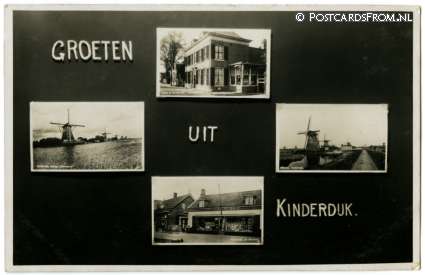 ansichtkaart: Kinderdijk, Groeten uit. Molens - De Bijenkorf