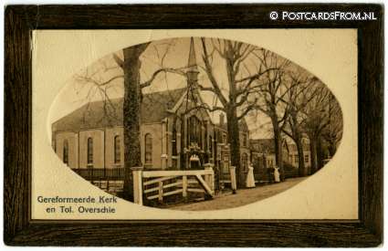 ansichtkaart: Overschie, Gereformeerde Kerk en Tol. Randversiering