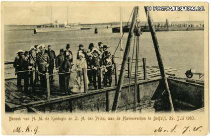 ansichtkaart: Delfzijl, Bezoek Koningin en Prins, aan de Havenwerken, 29 Juli 1903