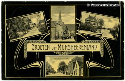 ansichtkaart: Mijnsheerenland, Groeten uit. Dorpstraat - Kerkstraat - Hof