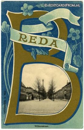 Breda, Willemstraat. Randversiering ansichtkaart: Breda, Willemstraat. Randversiering