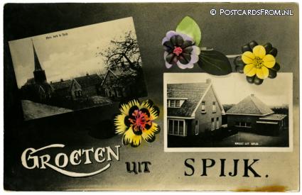 ansichtkaart: Spijk Gem West Betuwe, ? Groeten uit. Herv. Kerk. Randversiering