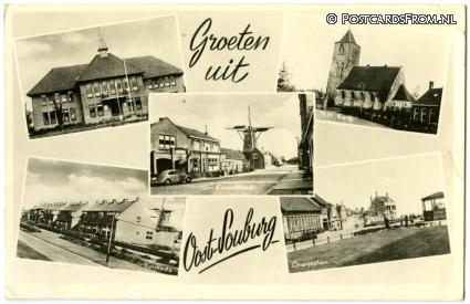 ansichtkaart: Oost-Souburg, Raadhuis - Kerk - Kanaalstraat - Bermweg - Oranjeplein