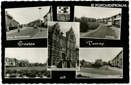 Venray, Groeten uit. Berhardstraat-Kolkweg-Julianasingel-Oranjeplein ansichtkaart: Venray, Groeten uit. Berhardstraat-Kolkweg-Julianasingel-Oranjeplein