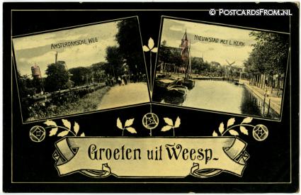 Weesp, Amsterdamsche weg - Nieuwstad met L. Kerk. Groeten uit ansichtkaart: Weesp, Amsterdamsche weg - Nieuwstad met L. Kerk. Groeten uit