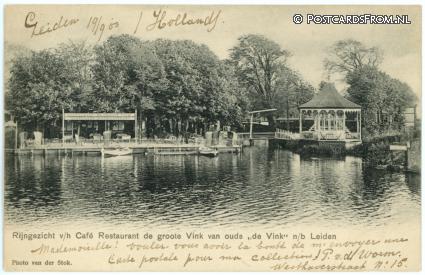 ansichtkaart: Leiden, Rijngezicht v.h. Cafe Rest. 'de groote Vink' van ouds 'de Vink'