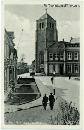 ansichtkaart: Tiel, R.K. Kerk. Gymnasium