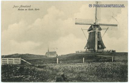 Nes Ameland, Molen en Kath. Kerk ansichtkaart: Nes Ameland, Molen en Kath. Kerk