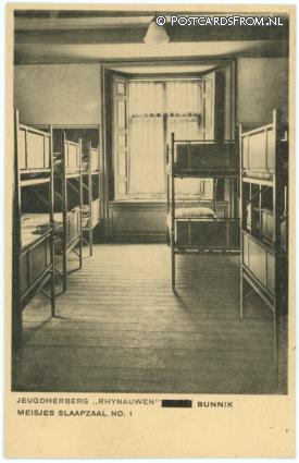 ansichtkaart: Bunnik, Jeugdherberg 'Rhynauwen' meisjes slaapzaal no. 1