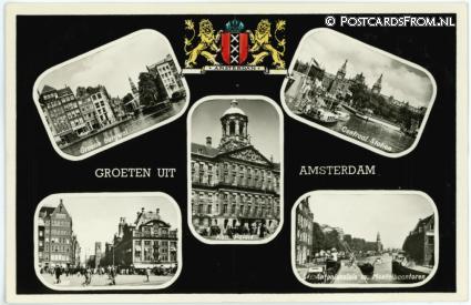 ansichtkaart: Amsterdam, Groene Burgwal - Centraal Station - Dam - Antoniussluis