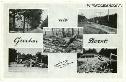 ansichtkaart: Dorst, Groeten uit. Spoorstraat - Spoorbaan - Paviljoen en Bad Surae