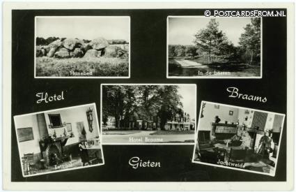 ansichtkaart: Gieten, Hotel Braams. Hunebed - Eetzaal - Jachtweide