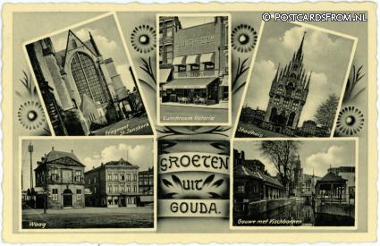 ansichtkaart: Gouda, St. Janskerk - Lunchroom Victoria - Stadhuis - Waag - Vischbank