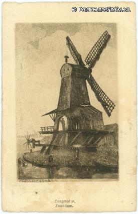 ansichtkaart: Zaandam, Zaagmolen. Kopergravure