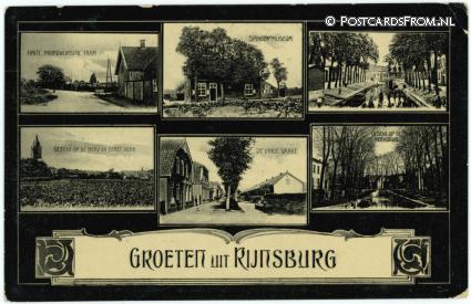 ansichtkaart: Rijnsburg, Halte Tram - Museum - Herv. en Geref. Kerk - Vaart - Kerkbrug