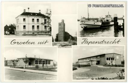 Papendrecht, Gemeentehuis - NH Kerk - Veerdienst - Dorpshuis - Bejaardenhuis ansichtkaart: Papendrecht, Gemeentehuis - NH Kerk - Veerdienst - Dorpshuis - Bejaardenhuis