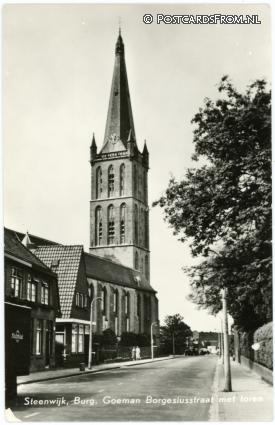 ansichtkaart: Steenwijk, Burg. Goeman Borgesiusstraat met toren