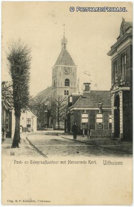Uithuizen, Post- en Telegraafkantoor met Hervormde Kerk ansichtkaart: Uithuizen, Post- en Telegraafkantoor met Hervormde Kerk