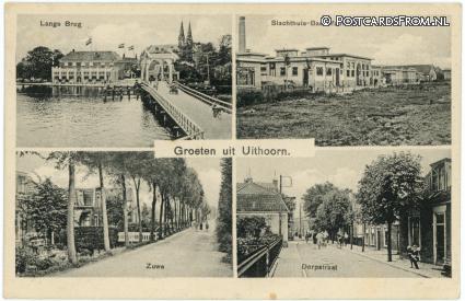 ansichtkaart: Uithoorn, Brug - Slachthuis Baconfabriek - Zuwe - Dorpstraat