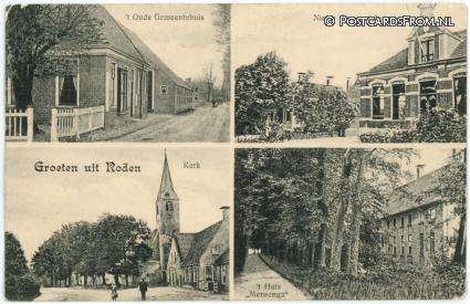 Roden, Gemeentehuis Oud - Nieuw - Kerk - Huis Mensega ansichtkaart: Roden, Gemeentehuis Oud - Nieuw - Kerk - Huis Mensega