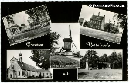 ansichtkaart: Nistelrode, Kleuterschool - Gemeentehuis - Molen - R.K. Kerk - Veerhuis