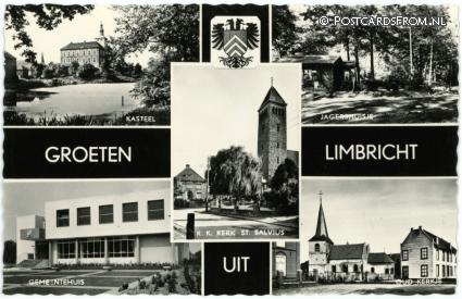ansichtkaart: Limbricht, Kasteel - Jagershuisje - Gemeentehuis - Oud Kerkje - R.K. Kerk