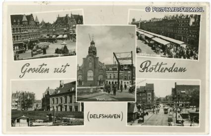 Delfshaven, Schiedamseweg - Spanjaardstraat - Voorhaven - Nieuwe Binnenweg ansichtkaart: Delfshaven, Schiedamseweg - Spanjaardstraat - Voorhaven - Nieuwe Binnenweg