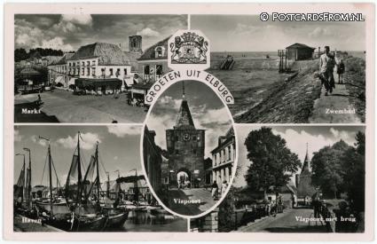 Elburg, Markt - Zwembad - Vispoort - Haven ansichtkaart: Elburg, Markt - Zwembad - Vispoort - Haven