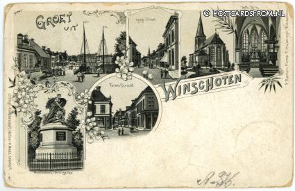Winschoten, Lange-Straat - Kath. Kerk - Monument Heiligerlee - Toren-straat ansichtkaart: Winschoten, Lange-Straat - Kath. Kerk - Monument Heiligerlee - Toren-straat