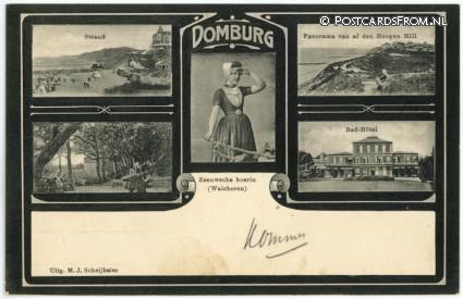 Domburg, Strand - Panorama - Mantelingen - Bad-Hotel - Boerin Walcheren ansichtkaart: Domburg, Strand - Panorama - Mantelingen - Bad-Hotel - Boerin Walcheren