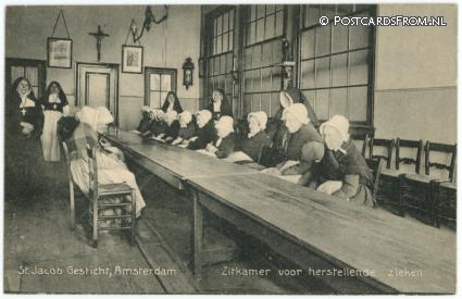 Amsterdam, St. Jacob Gesticht. Zitkamer voor herstellende zieken ansichtkaart: Amsterdam, St. Jacob Gesticht. Zitkamer voor herstellende zieken