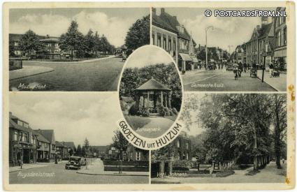 ansichtkaart: Leeuwarden Huizum, Muziektent - Stadhuis - Borniapark - Ruysdaelstr - Verl. Schrans