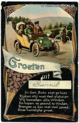 ansichtkaart: Bunnik, In den Auto ziet ge hier, Rijden wij met veel plezier ...