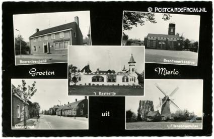 Mierlo, Boerenleenbank - Brandweer - Kasteel - Marktstraat - Molen ansichtkaart: Mierlo, Boerenleenbank - Brandweer - Kasteel - Marktstraat - Molen