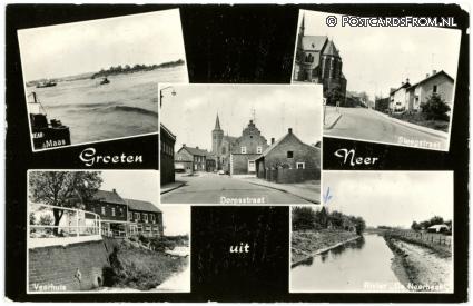 ansichtkaart: Neer, Maas - Steegstraat - Veerhuis - Rivier 'De Neerbeek'