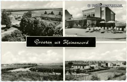 Heinenoord, Hofplein - Dorpsstraat - Oude Maas - G.Z. Matrassenfabrieek ansichtkaart: Heinenoord, Hofplein - Dorpsstraat - Oude Maas - G.Z. Matrassenfabrieek