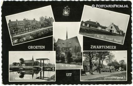 Zwartemeer, R.K. School - N.H. Jeugd Kapel - Grensovergang - Geref. Kerk ansichtkaart: Zwartemeer, R.K. School - N.H. Jeugd Kapel - Grensovergang - Geref. Kerk